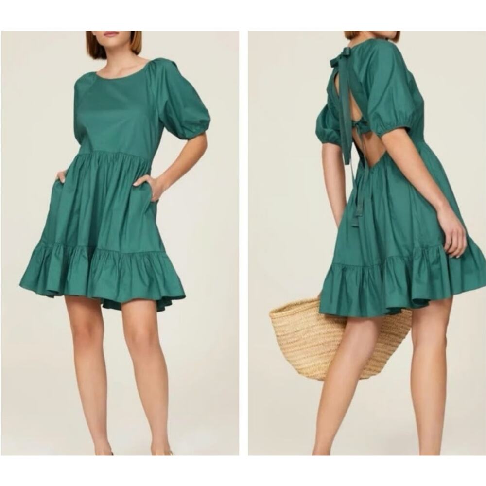Peter Som Women's Mini Dress Cotton Puff Sleeve Pockets Ribbon Green Size 4